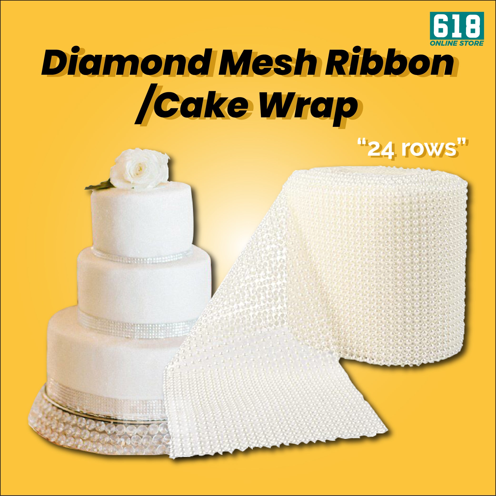 5 yards Mesh Diamond 24 rows Rhinestone Roll Silver Gold Ivory  Cake Wrap Ribbon Wedding Ribbon